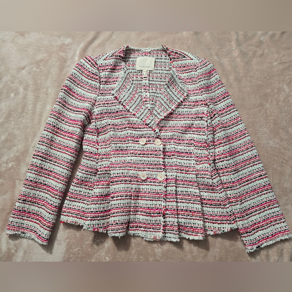 Rebecca Taylor Optic Tweed Double Breasted Pink Striped Blazer Size 2